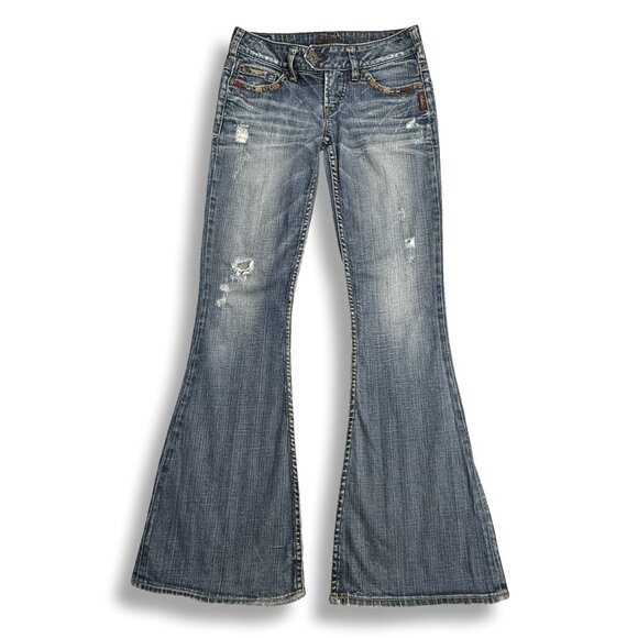 Silver Tuesday 22 Jeans Women 25 Low Rise Y2K Flare Distressed Embroidered 28x31 - Picture 1 of 11